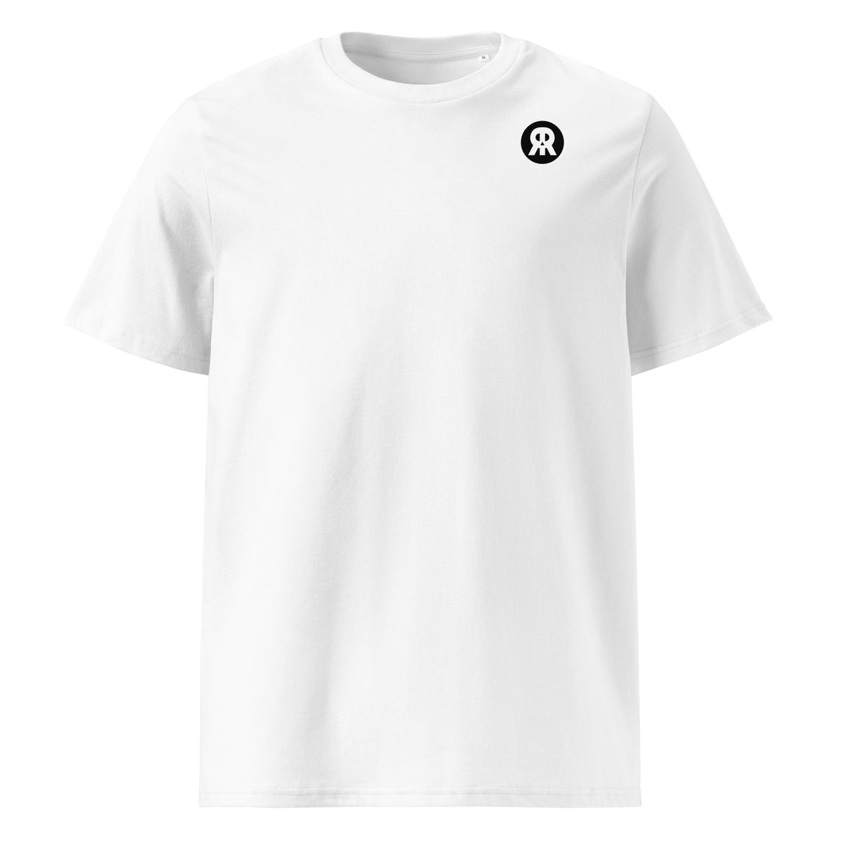 Weißes Bio-T-Shirt mit Rundhalsausschnitt und kleinem Emblem am Brustbereich