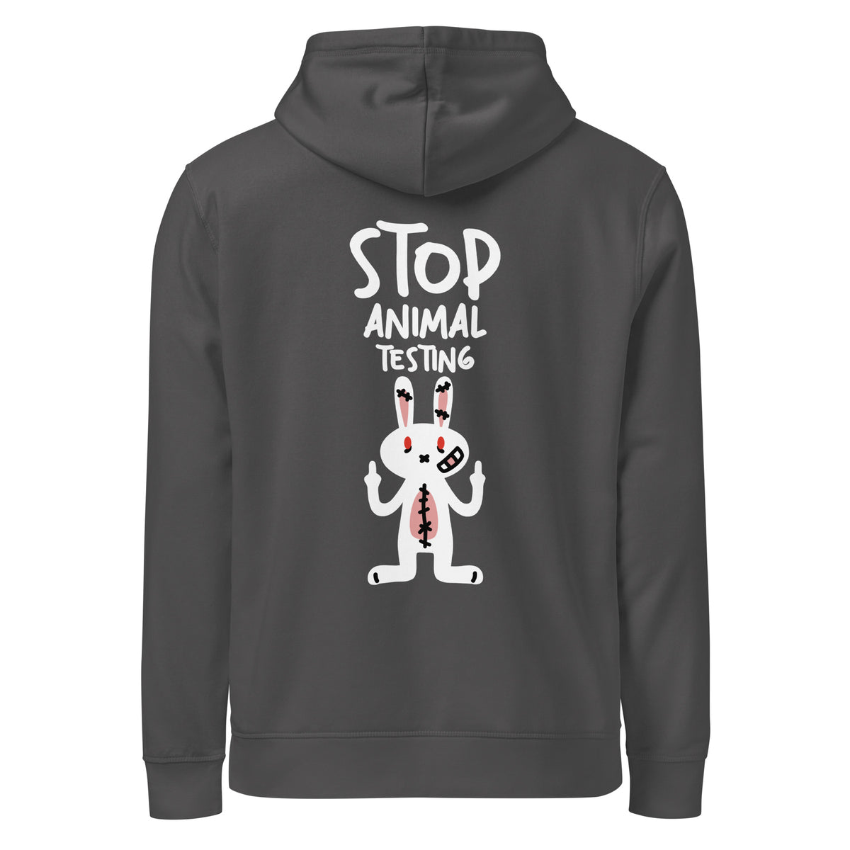 Anthrazitfarbener veganer Bio-Hoodie mit Kapuze und Frontaufdruck STOP ANIMAL TESTING