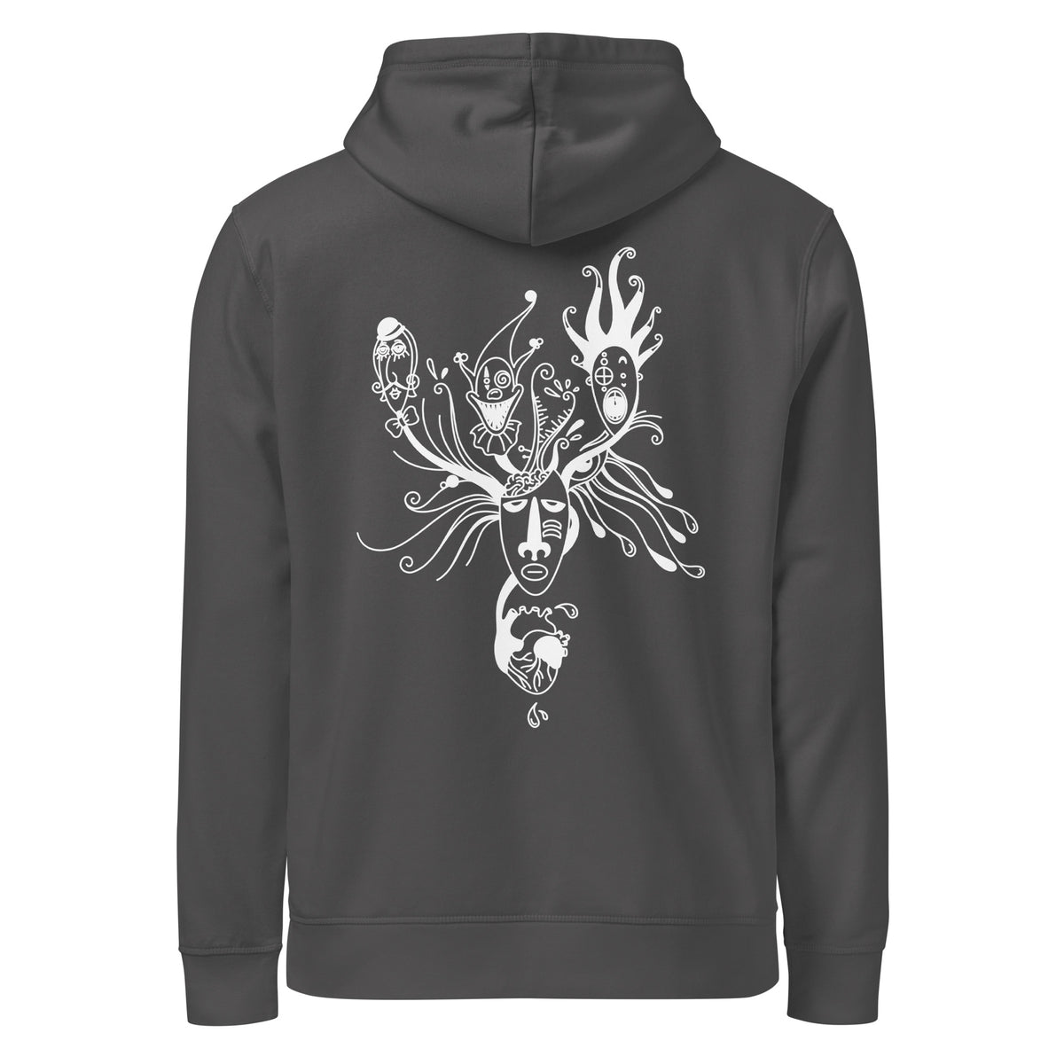 Dunkelgrauer Hoodie mit Kapuze und großem Maskenprint auf dem Rücken