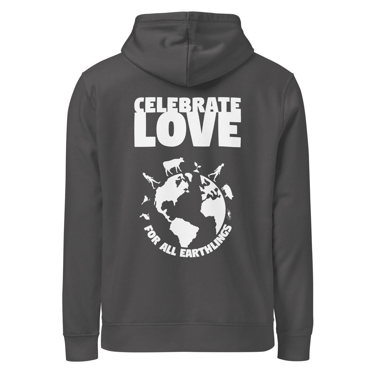 Dunkelgrauer Hoodie mit Kapuze und Print „CELEBRATE LOVE“ auf der Rückseite