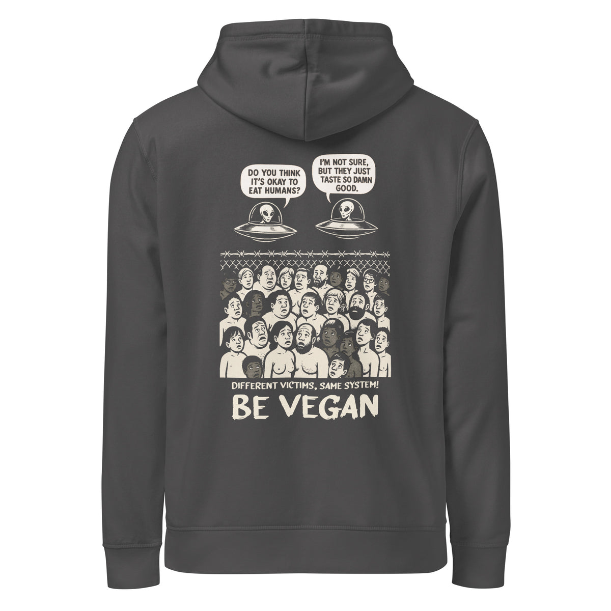 Anthrazitfarbener veganes Bio-Hoodie mit Kapuze und Reißverschluss, Alien-Print vorne