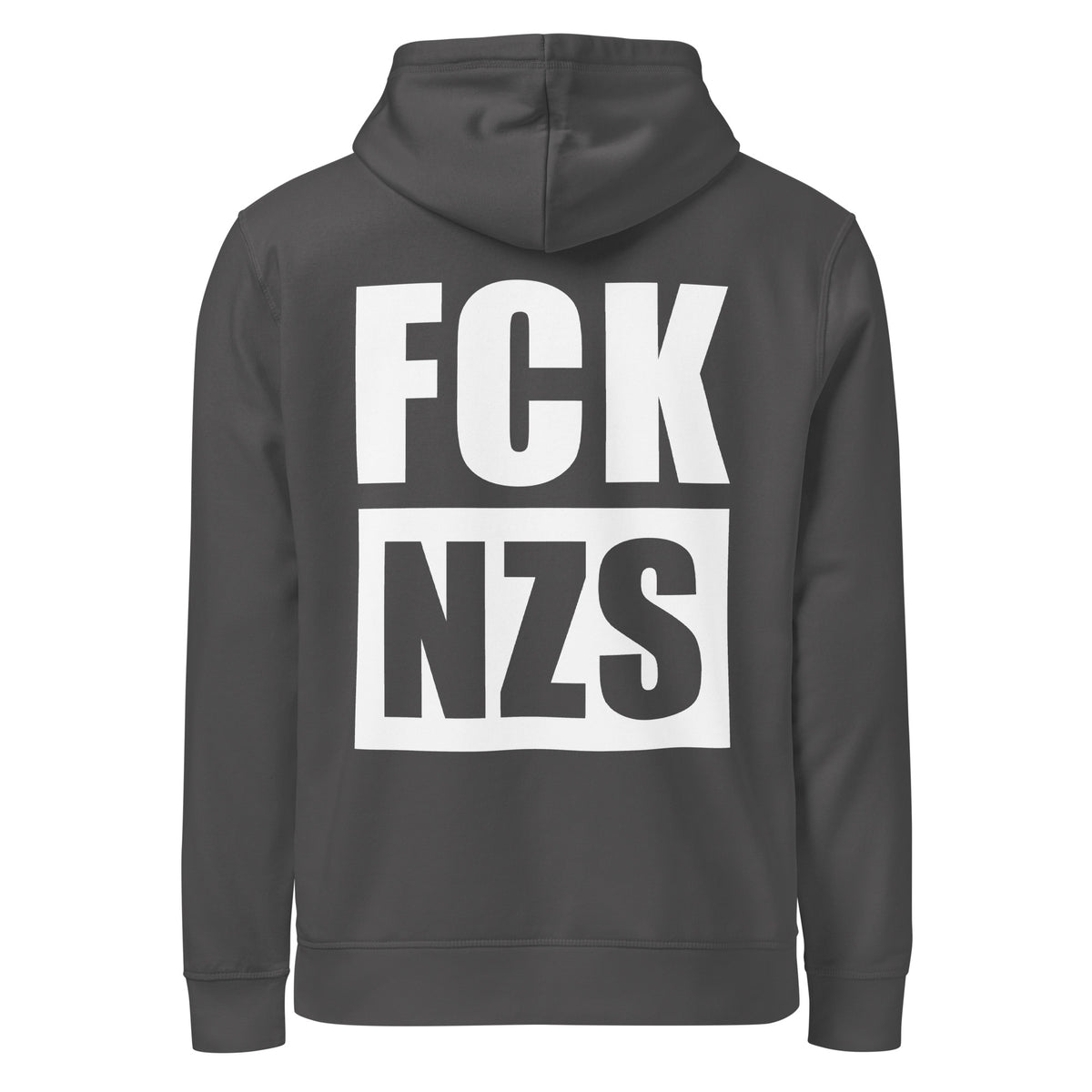 Anthrazitfarbener Hoodie mit Kapuze und Kängurutasche, Frontprint „FCK NZS“.