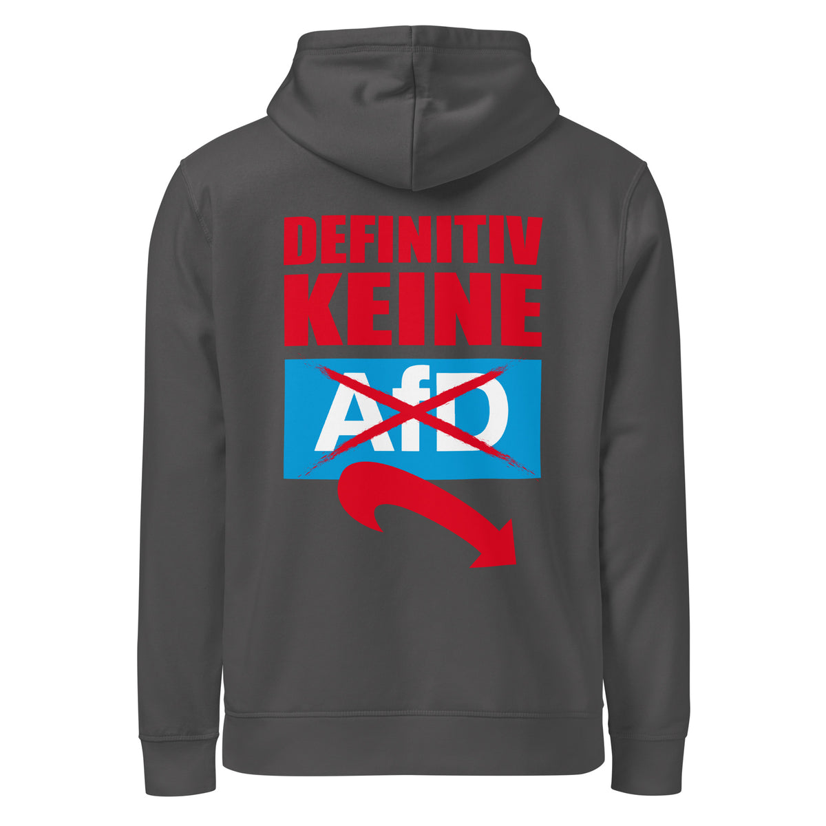 Anthrazitfarbener Hoodie mit großer mehrfarbiger Frontgrafik und durchgestrichenem Symbol