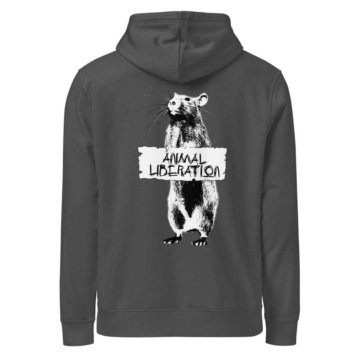 Anthrazitfarbener Hoodie mit Kapuze und Ratten-Motiv im Frontdruck