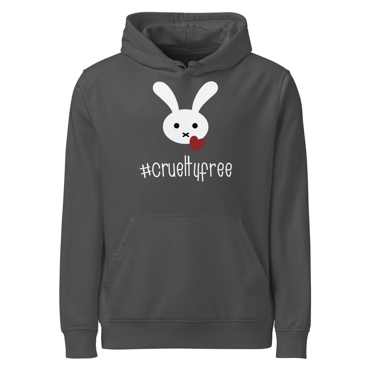 Dunkelgrauer Bio-Baumwoll-Hoodie mit weißem Hasen-Motiv, rotem Herz und #crueltyfree Schriftzug.