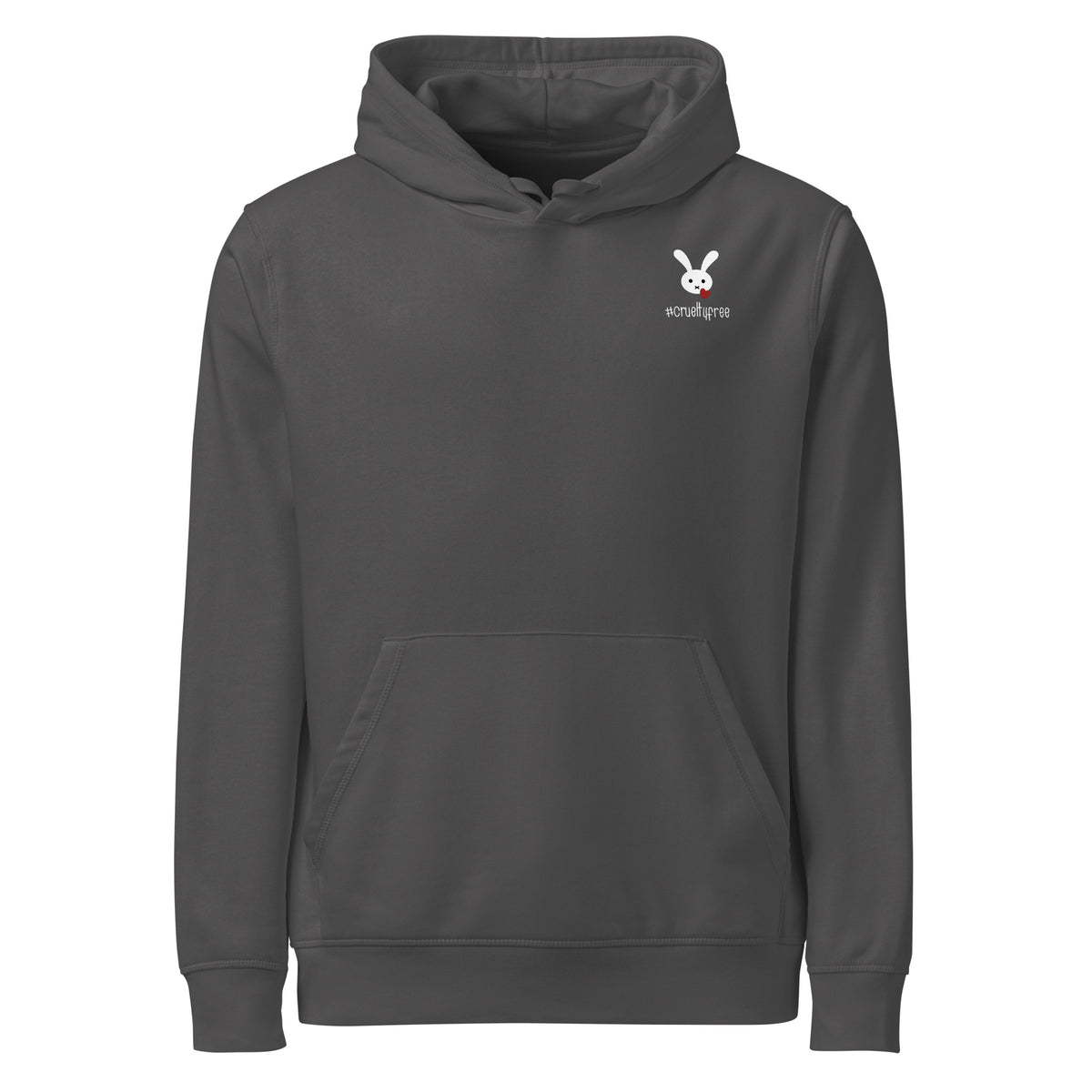 Dunkelgrauer Bio-Baumwoll-Hoodie mit weißem Hasen-Logo und #crueltyfree Schriftzug auf der Brust.