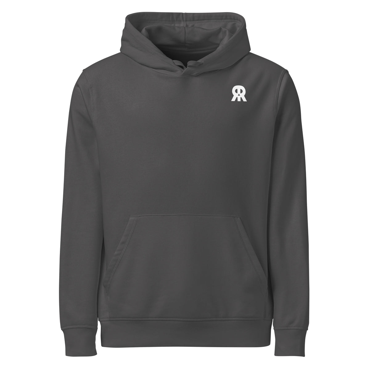 Anthrazitfarbener Hoodie mit Kapuze, Kängurutasche und kleinem Logo auf der Brust.