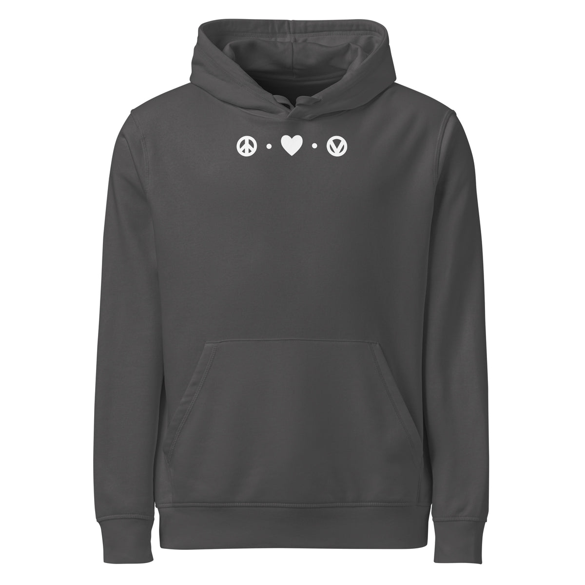 Anthrazitfarbener Hoodie mit Kapuze, Kängurutasche und Peace-/Herz-Print vorn.