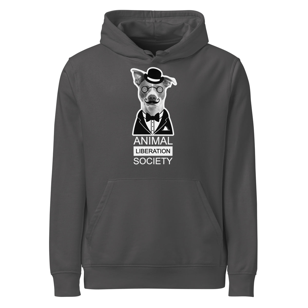 Anthrazitfarbener Hoodie mit Kapuze und Kängurutasche, Aufdruck „Animal Liberation Society“.