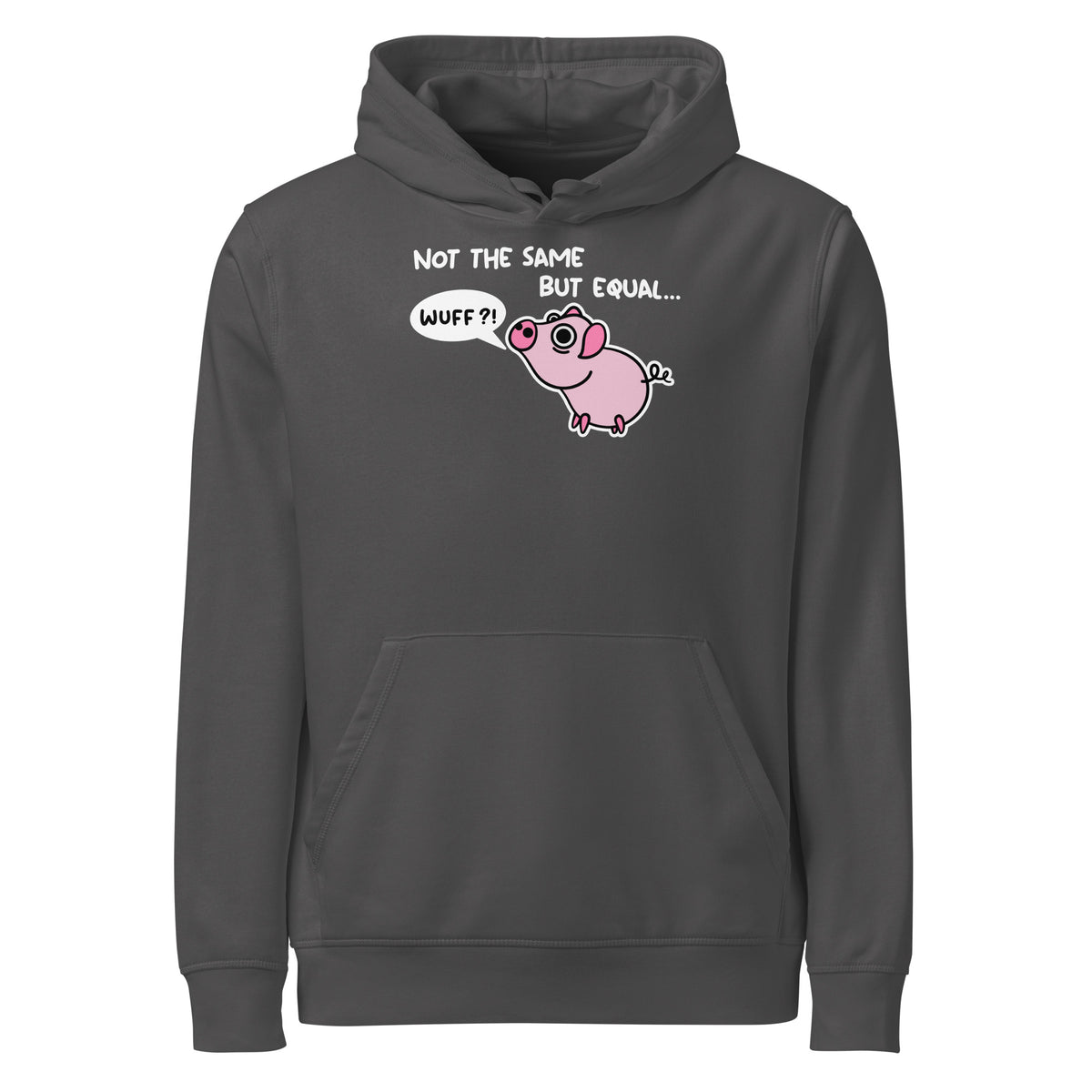 Veganer Bio-Hoodie, anthrazit: Kapuze, Kängurutasche, Schweinchen-Comicprint