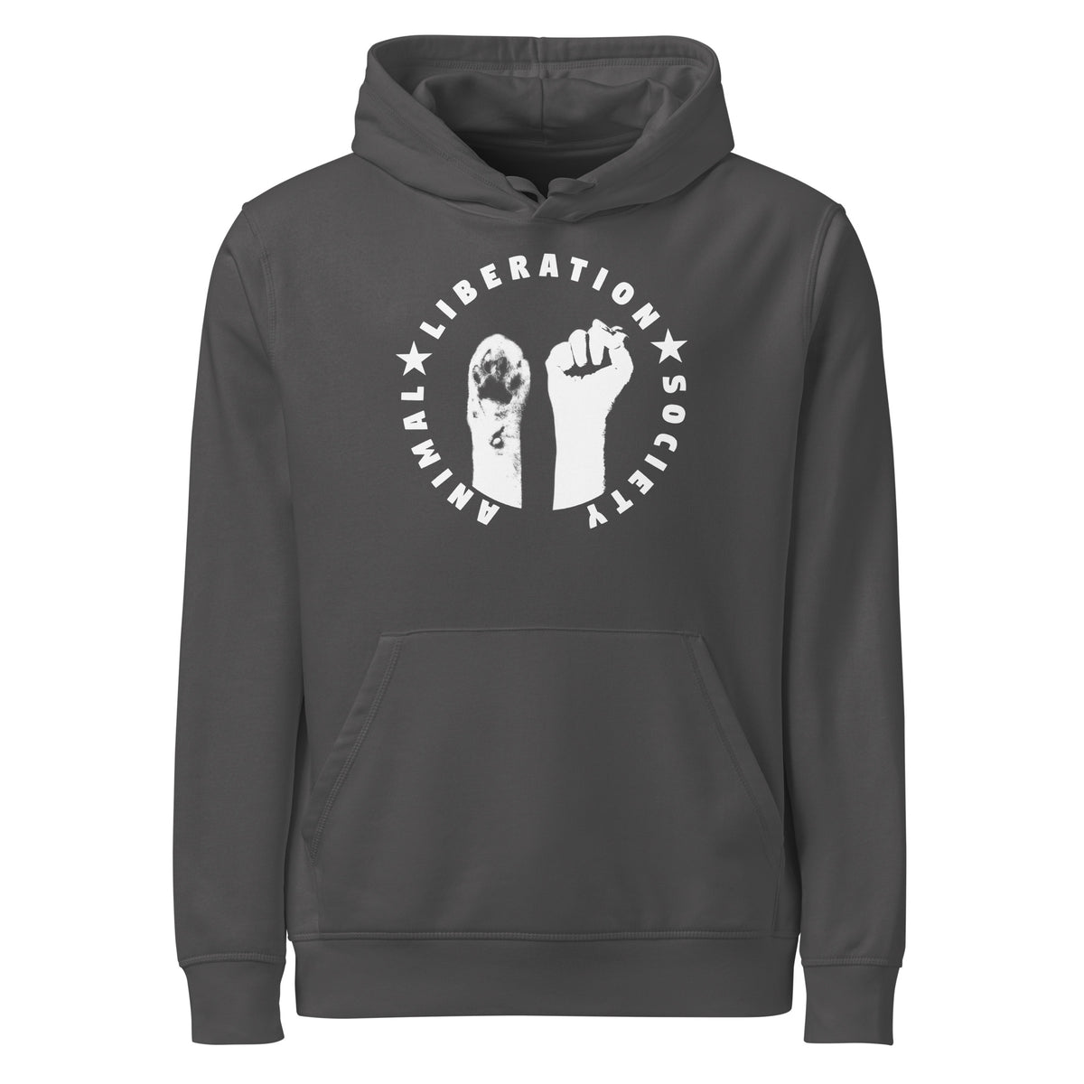 Anthrazitfarbener Bio-Hoodie mit Kapuze und Kängurutasche, Motiv Pfote und Faust
