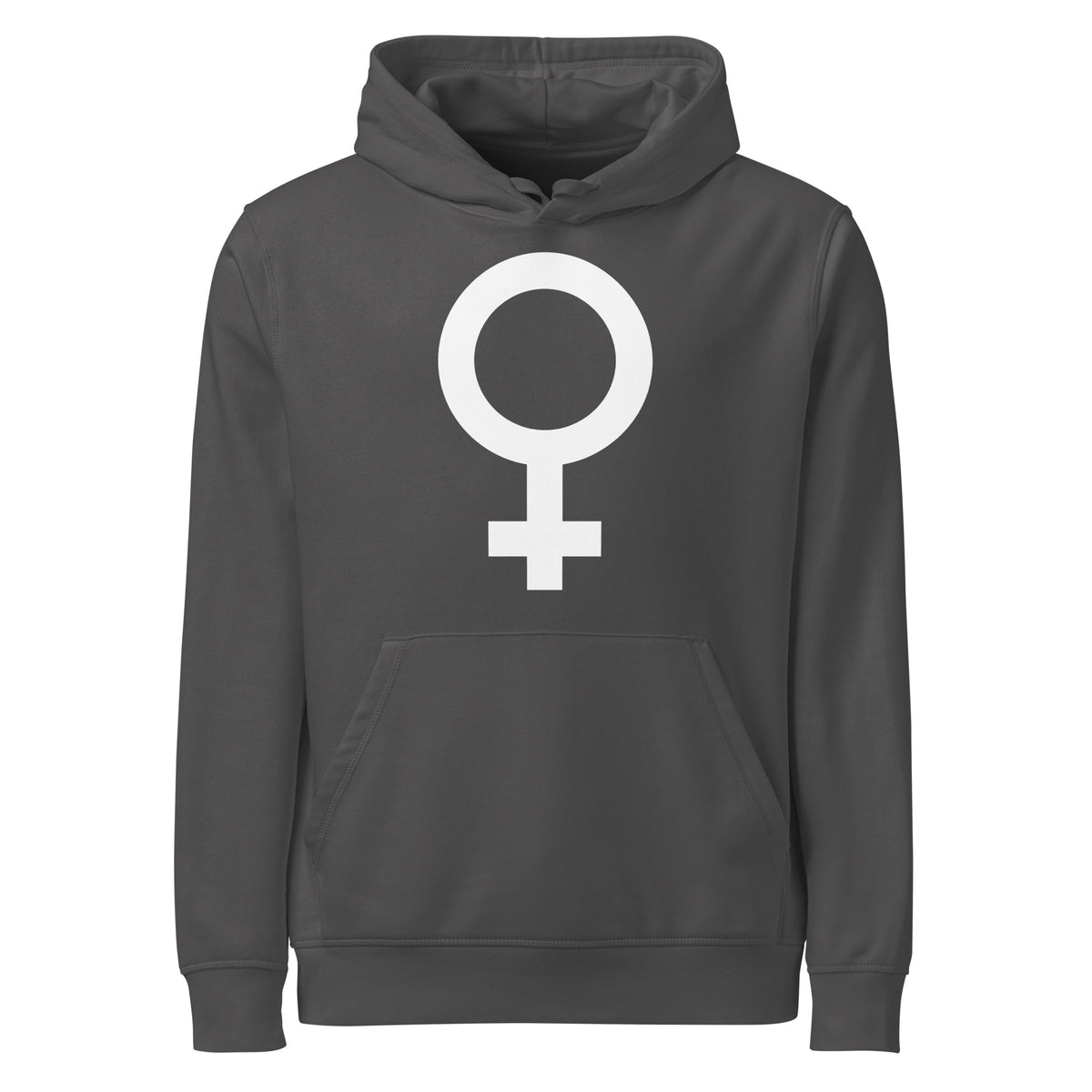 Anthrazitfarbener Kapuzenpullover mit großer weißer Grafik (weibliches Symbol) vorn