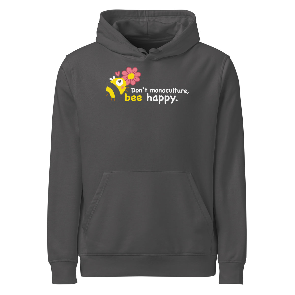 Anthrazitfarbener Hoodie mit Kapuze, Kängurutasche und Bienen-Aufdruck.