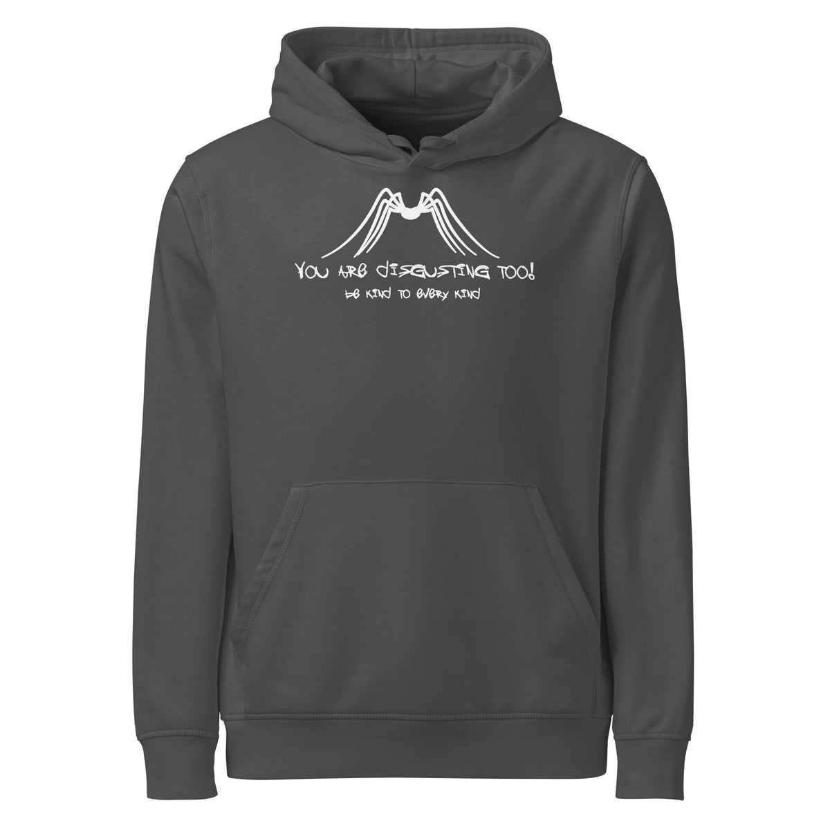 Dunkler Hoodie mit Kapuze, Kängurutasche und Spinnen-Print auf der Brust