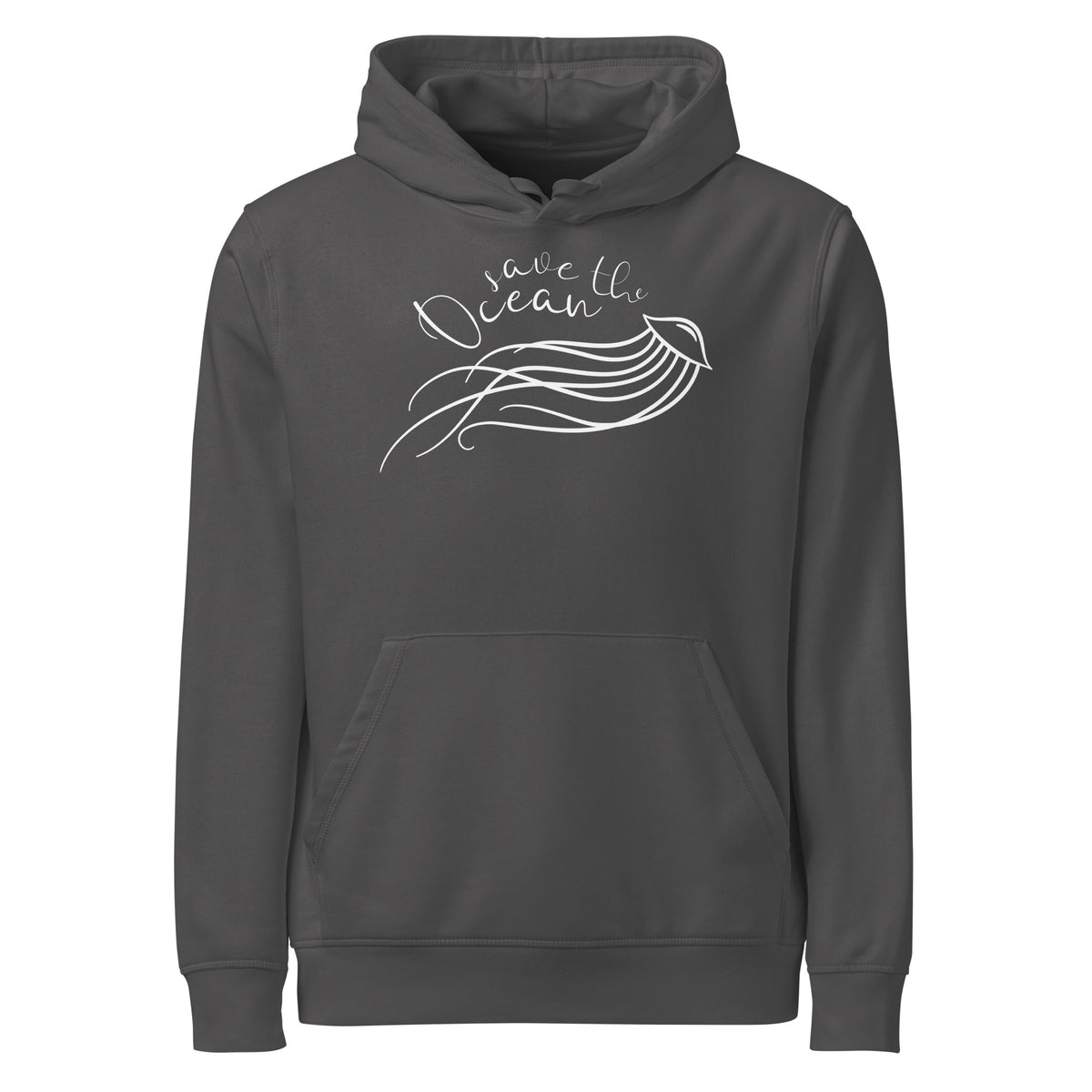 Dunkelgrauer Hoodie mit Kapuze, Kängurutasche und Meerestier-Print vorn