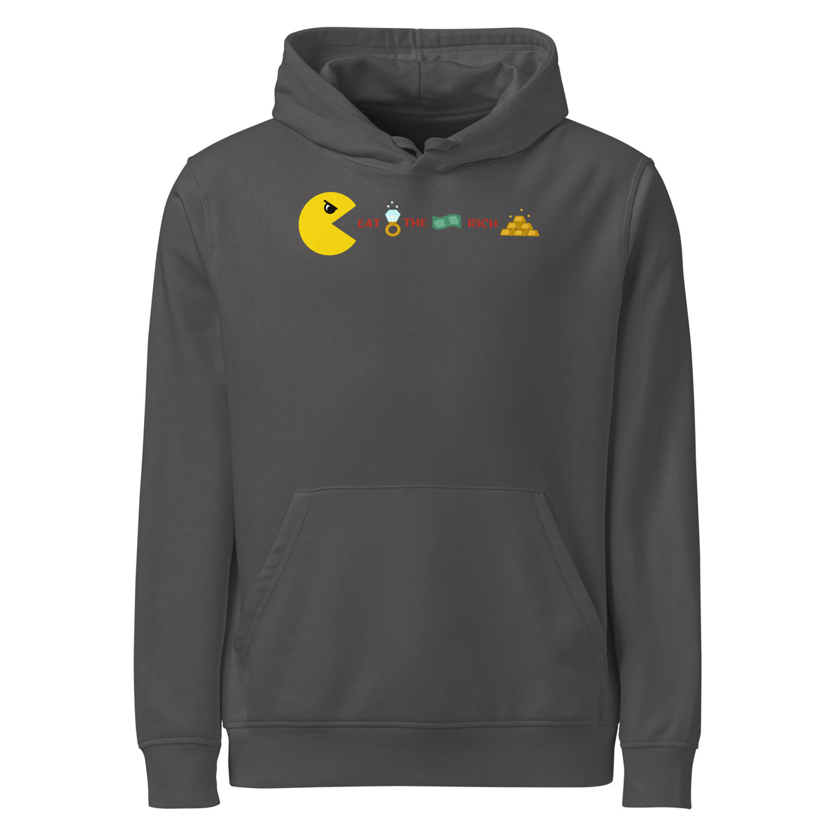 Grau melierter Hoodie mit Kapuze, Kängurutasche und „Eat the Rich“-Aufdruck