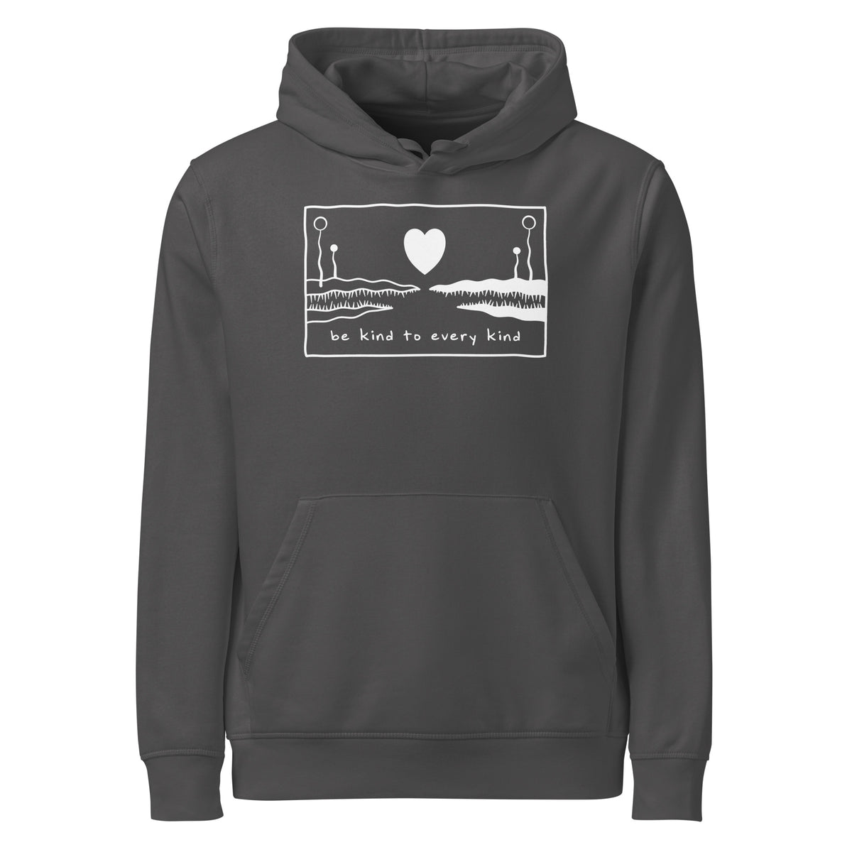 Anthrazitfarbener Bio-Hoodie mit Kapuze und Frontprint „be kind to every kind“