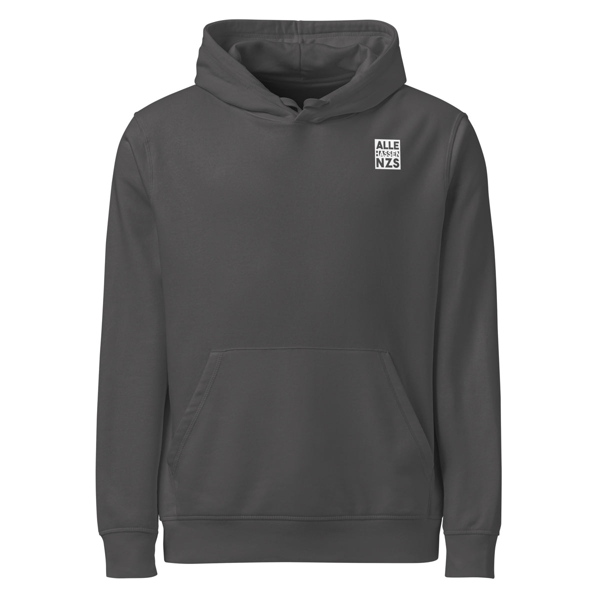 Anthrazitfarbener Hoodie mit Kapuze und Kängurutasche, Aufdruck „ALLE HASSEN NZS“