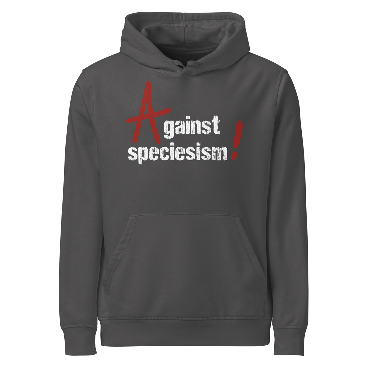 Grau melierter Bio-Vegan Hoodie mit Kapuze, Kängurutasche und Aufdruck „Against speciesism!“