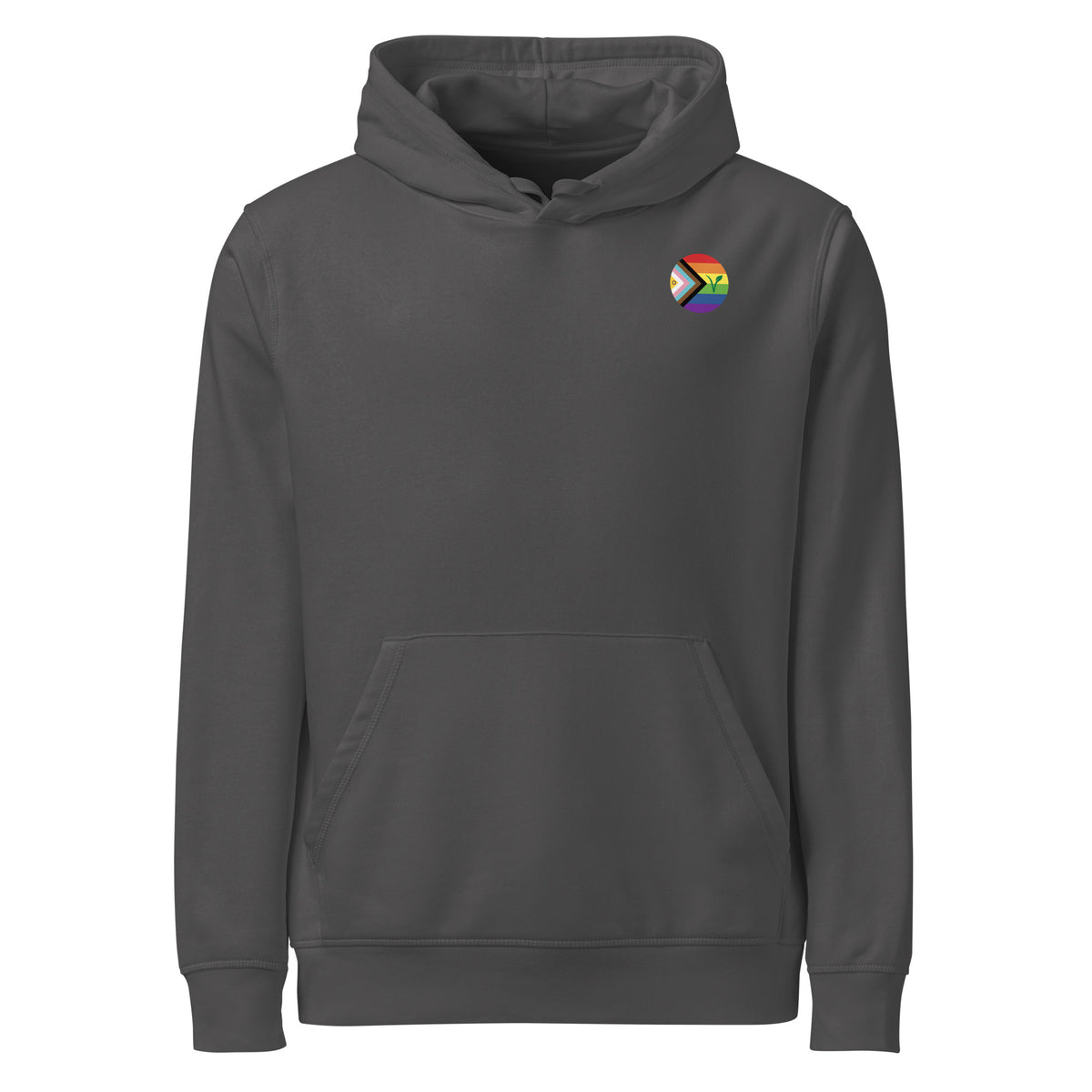 Anthrazitfarbener Hoodie mit Kapuze, Kängurutasche und Regenbogen-Logo auf der Brust