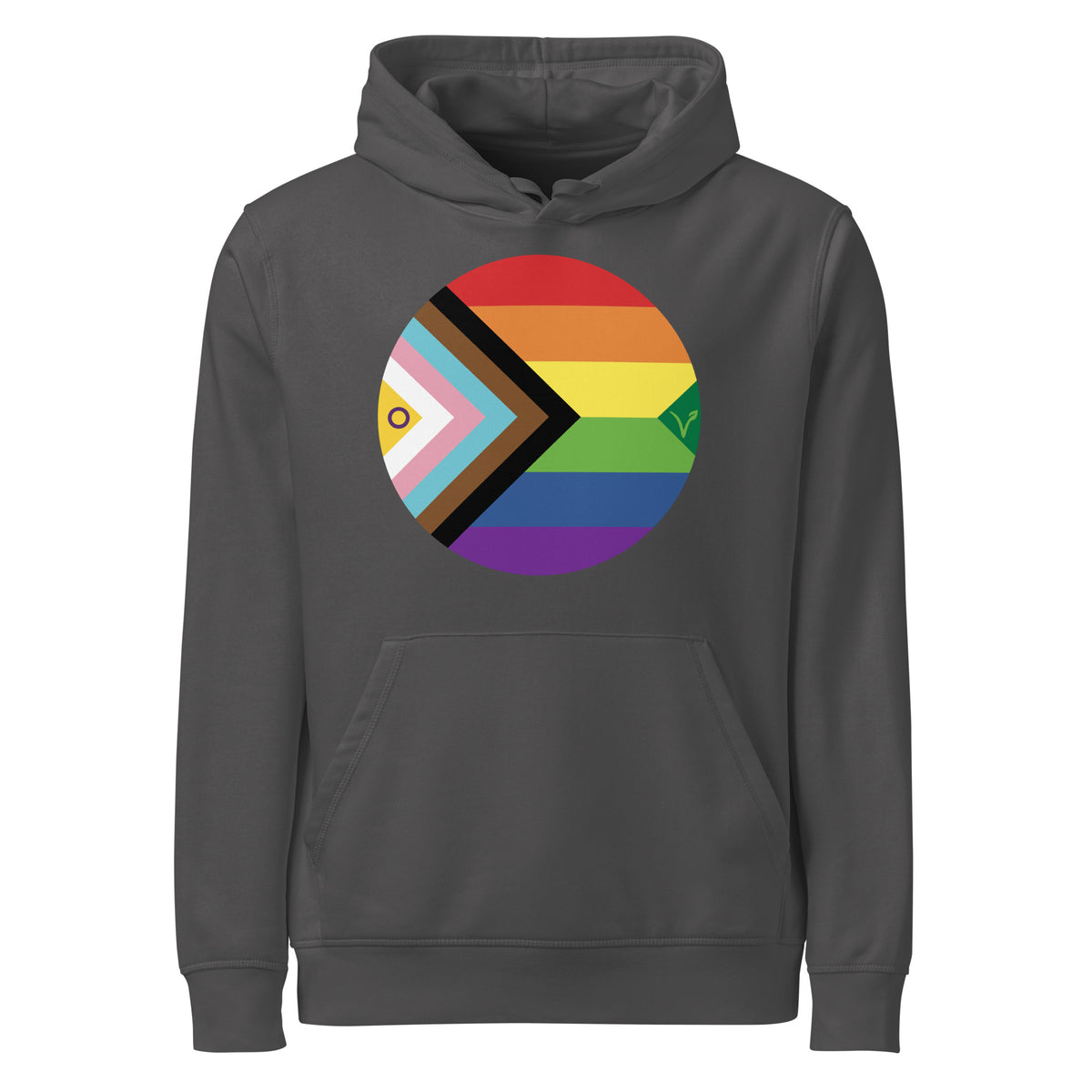 Anthrazitfarbener Hoodie mit Kapuze und Regenbogen-Aufdruck im Kreis auf der Brust