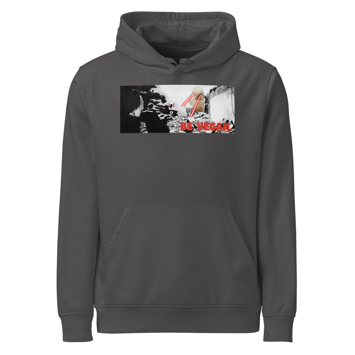 Anthrazitfarbener Hoodie mit Kapuze, Frontmotiv und Kängurutasche