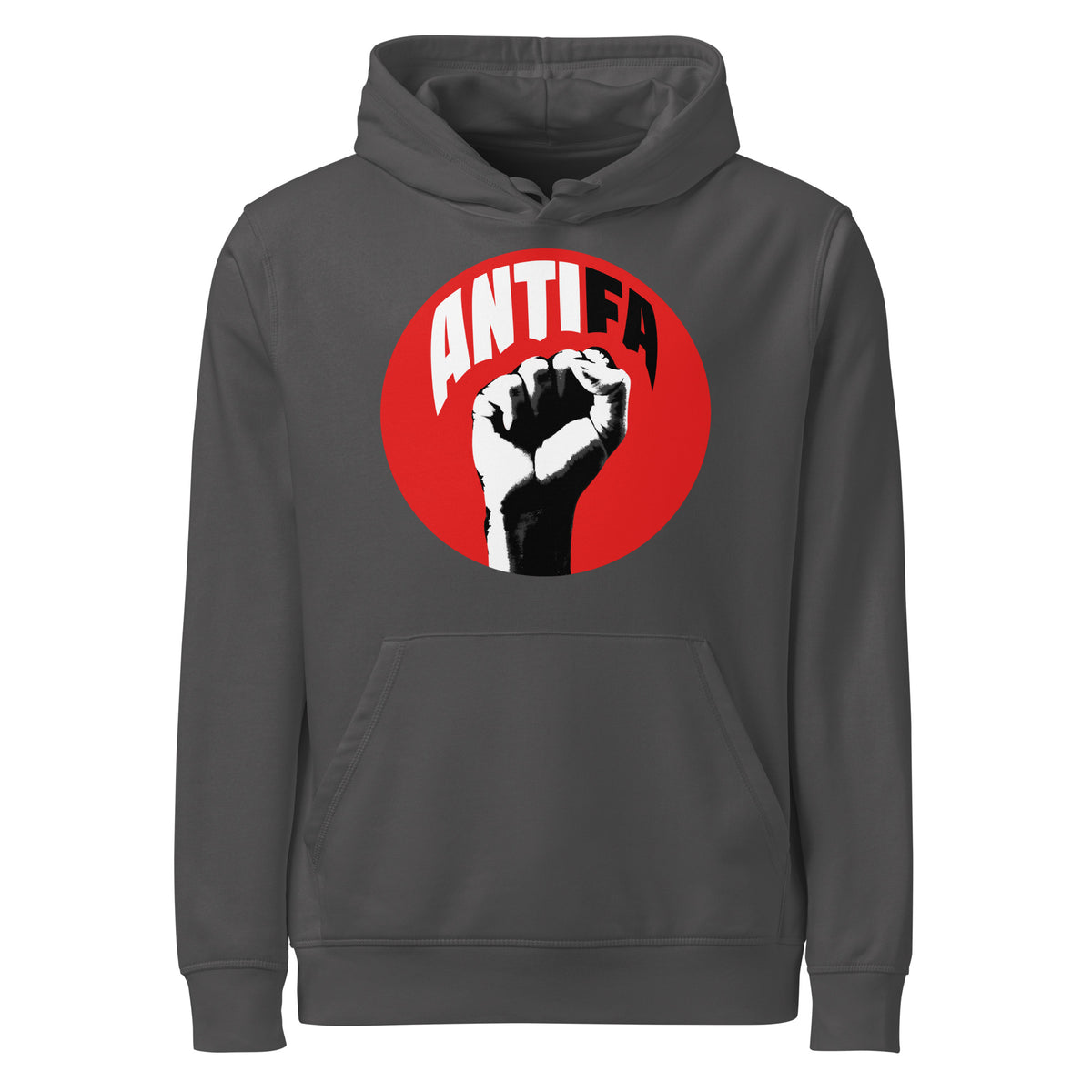 Grau melierter Hoodie mit Kapuze und Frontdruck im roten Kreis (ANTIFA)