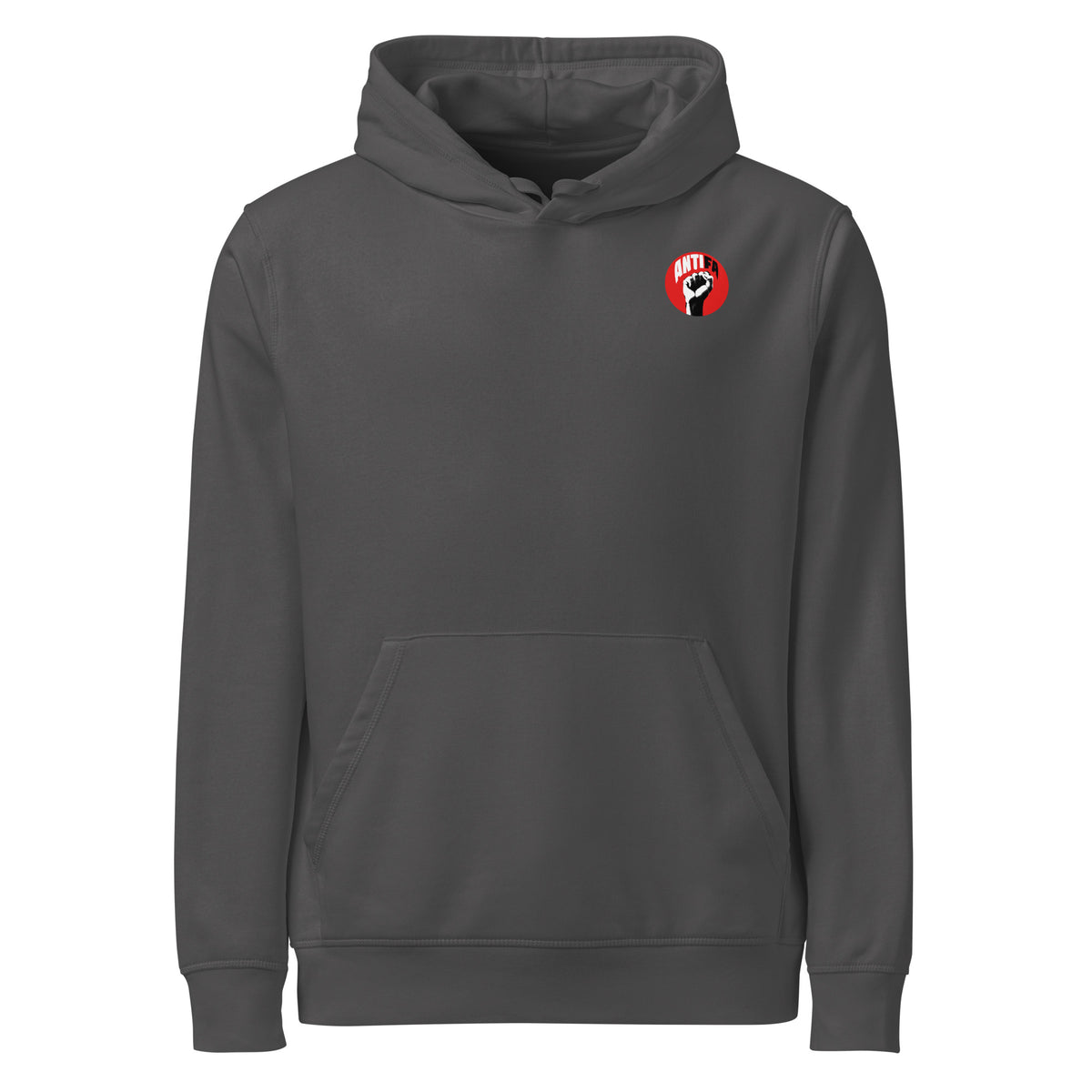 Anthrazitfarbener Hoodie mit Kapuze und Kängurutasche, rotes rundes Logo-Emblem vorne