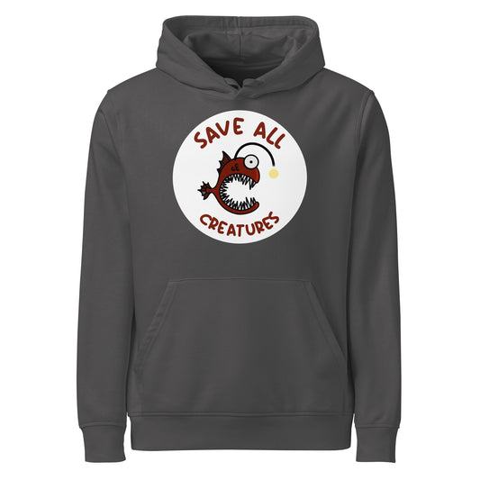 Anthrazitfarbener Hoodie mit Kapuze und Kängurutasche, bunter „Save all Creatures“-Aufdruck