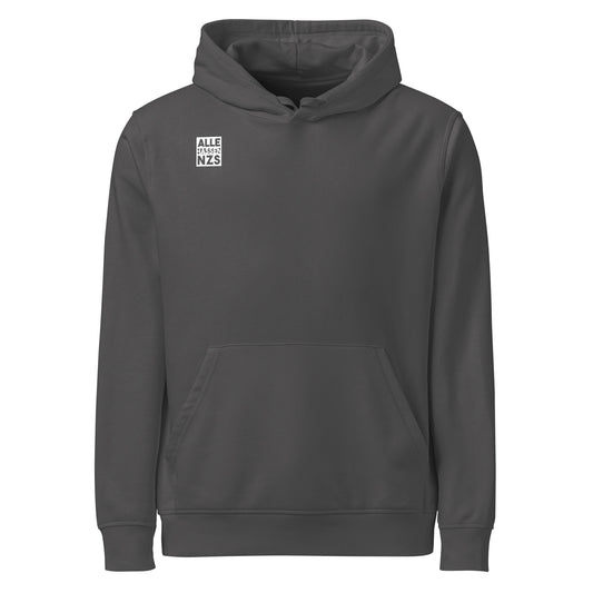 Vegane Bio-Hoodie, dunkelgrau, mit Kapuze, Kängurutasche und Aufdruck „ALLE HASSEN NZS“
