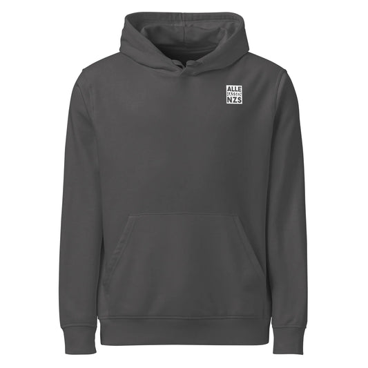 Veganer Bio-Hoodie in dunklem Grau mit Kapuze, Kängurutasche und Logo vorne