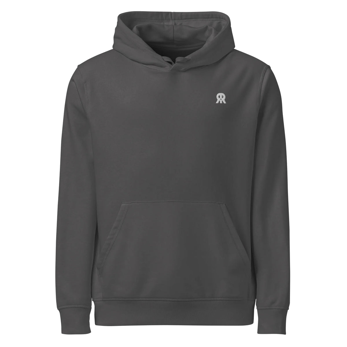 Dunkelgrauer Kapuzenpullover mit Kängurutasche und kleinem Brust-Logo