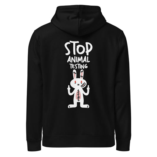 Schwarzer veganer Bio-Hoodie mit Kapuze und Frontaufdruck STOP ANIMAL TESTING
