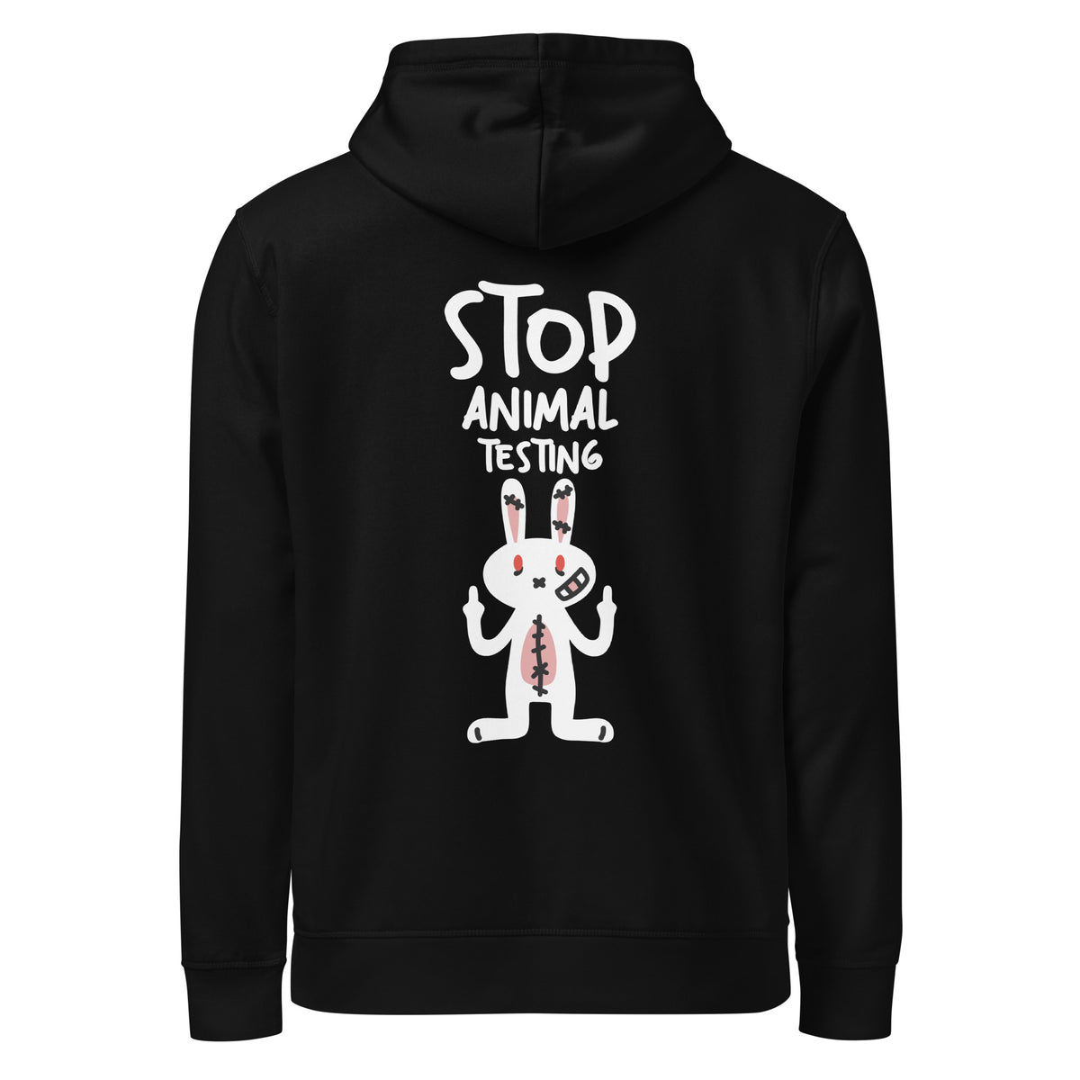 Schwarzer Hoodie mit Kapuze und Frontprint „STOP ANIMAL TESTING“ mit Kaninchen