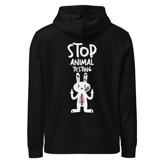 Schwarzer Hoodie mit Kapuze und Frontprint „STOP ANIMAL TESTING“ mit Kaninchen