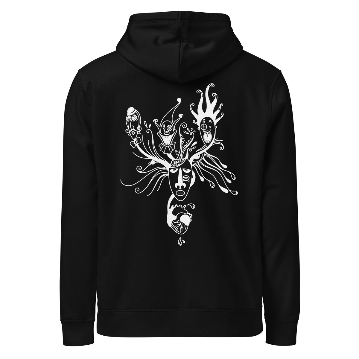 Schwarzer Hoodie mit Kapuze und weißem Maskenprint im Brustbereich