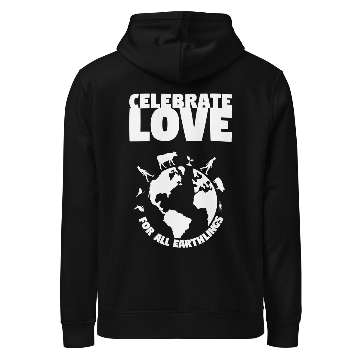 Schwarzer Hoodie mit Kapuze und großem Print „CELEBRATE LOVE“ auf der Vorderseite