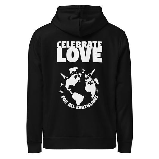 Schwarzer Hoodie mit Kapuze und großem Print „CELEBRATE LOVE“ auf der Vorderseite
