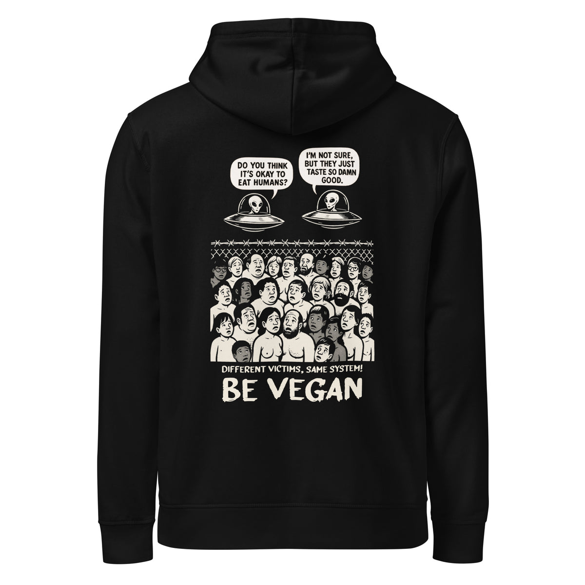 Schwarzer veganes Bio-Hoodie mit Kapuze und Reißverschluss, Alien-Print vorne
