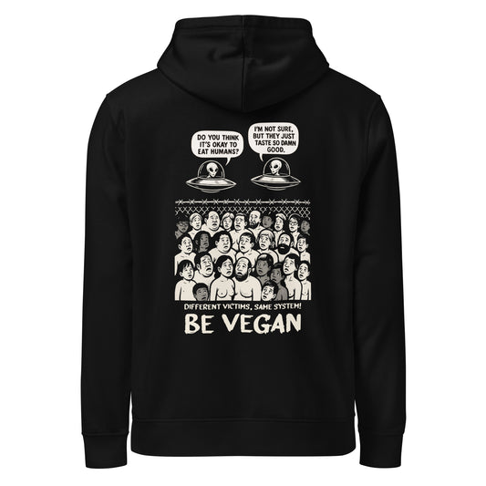 Schwarzer veganes Bio-Hoodie mit Kapuze und Reißverschluss, Alien-Print vorne