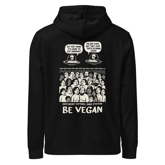 Veganer Hoodie mit Kapuze, schwarzer Hoodie mit Alien-Invasion-Print BE VEGAN