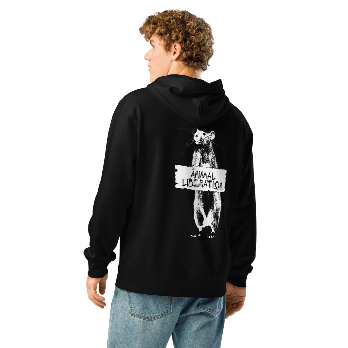 Schwarzer Hoodie mit Kapuze, Ratten-Motiv im Rückendruck