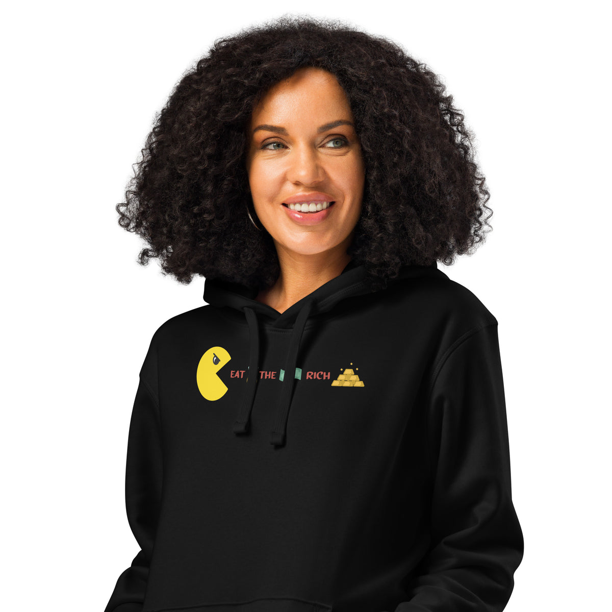 Schwarzer Hoodie mit Kapuze, Kängurutasche und Aufdruck „Eat the Rich“