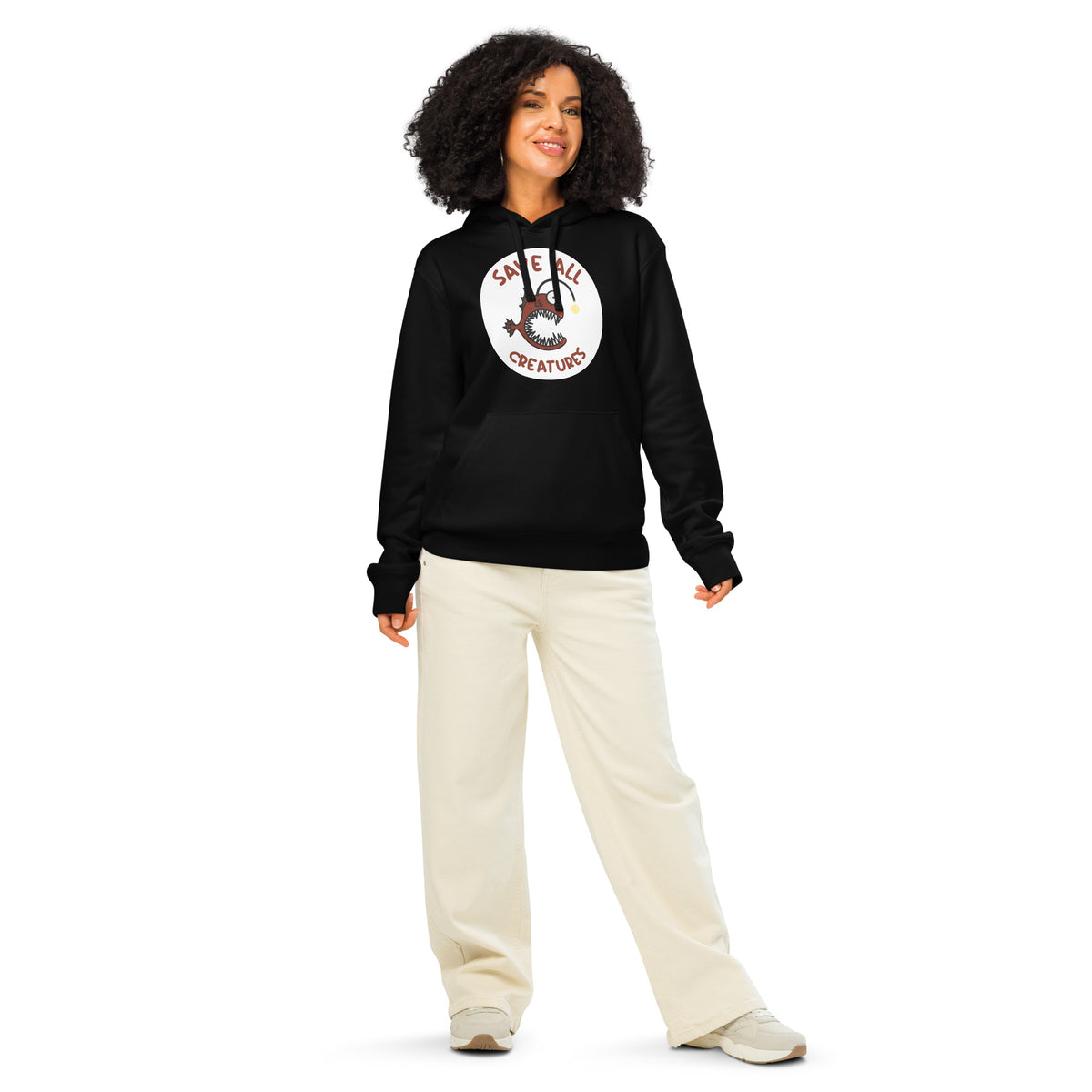 Schwarzer Hoodie mit Kapuze und Kängurutasche, bunter „Save all Creatures“-Aufdruck