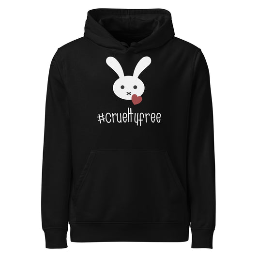 Schwarzer Unisex-Bio-Hoodie mit weißem Hasen-Motiv, rotem Herz und #crueltyfree-Schriftzug auf der Brust.