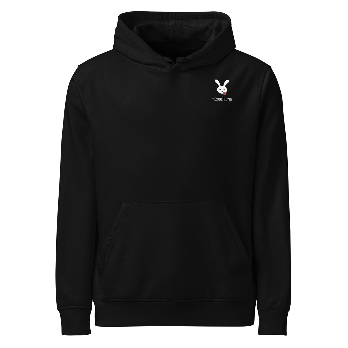 Schwarzer Bio-Baumwoll-Hoodie mit weißem Hasen-Logo und #crueltyfree Schriftzug auf der Brust.
