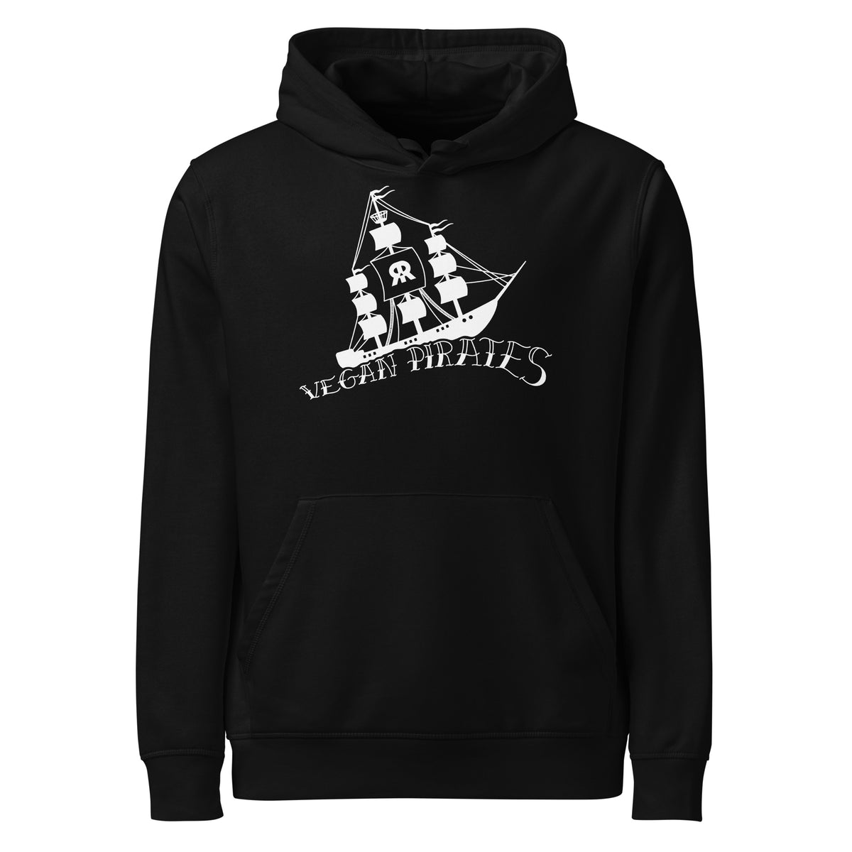 Schwarzer Hoodie mit Kapuze und Kängurutasche, großer Piraten-Frontdruck