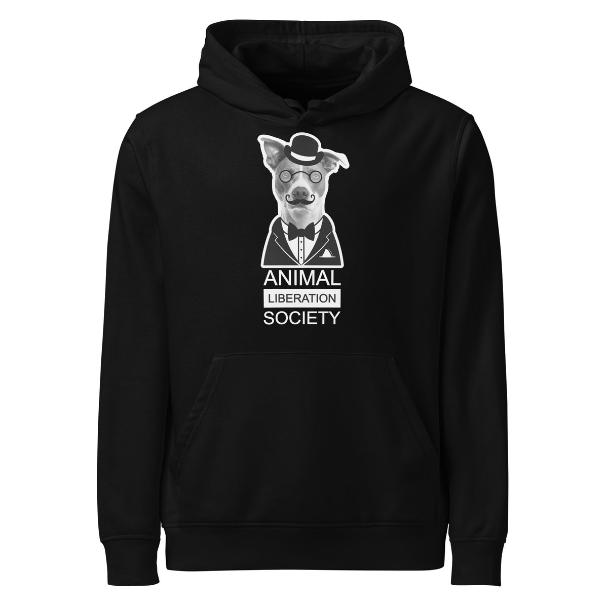 Schwarzer Hoodie mit Kapuze und Kängurutasche, Aufdruck „Animal Liberation Society“.