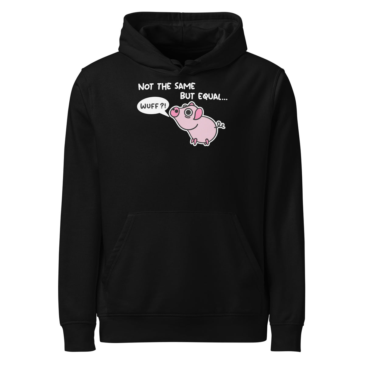 Veganer Bio-Hoodie, schwarz: Kapuze, Kängurutasche, Schweinchen-Comicprint