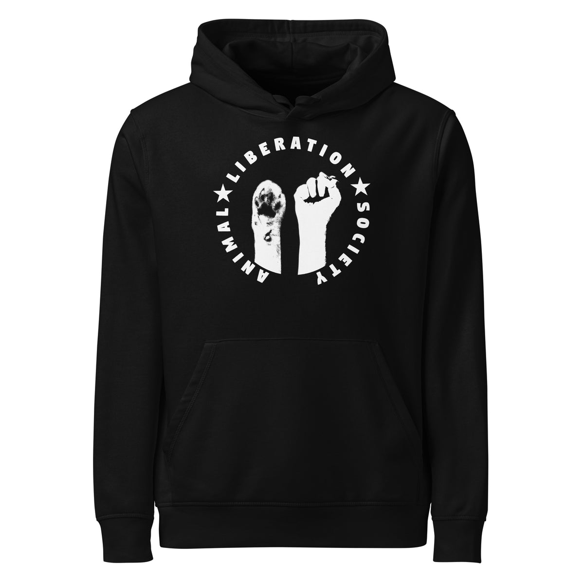 Schwarzer Bio-Hoodie mit Kapuze und Kängurutasche, Motiv mit Pfote und Faust